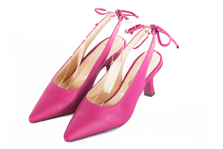 Dress slingback heels in fuchsia pink leather with medium spool heels and pointed toe - Front view